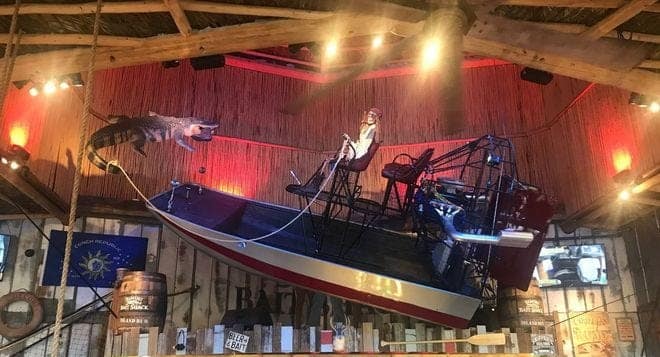 A fan boat as part of the decorations at Bihimini Bait Shack near Fort Myers