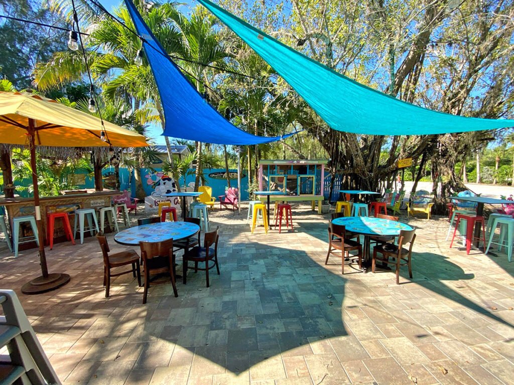 The outdoor seating at the Island Cow restaurant on Sanibel Island