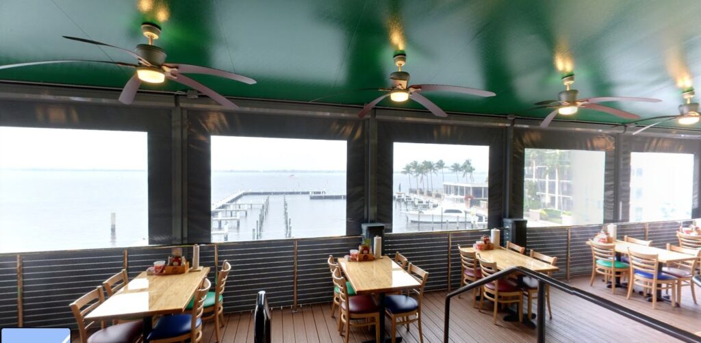 Pinchers The Marina At Edison Ford view of the outside dock from inside the restaurant