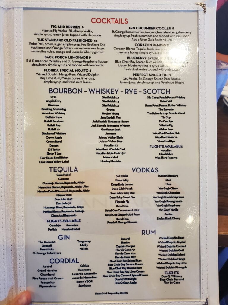 The Standard restaurant in Fort Myers's alcohol menu with Whiskey tasting, rum tasting and tequila tasting.