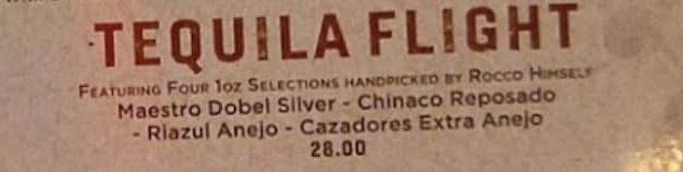 Photo of the menu at Rocos Tacos in Naples of their tequila flight