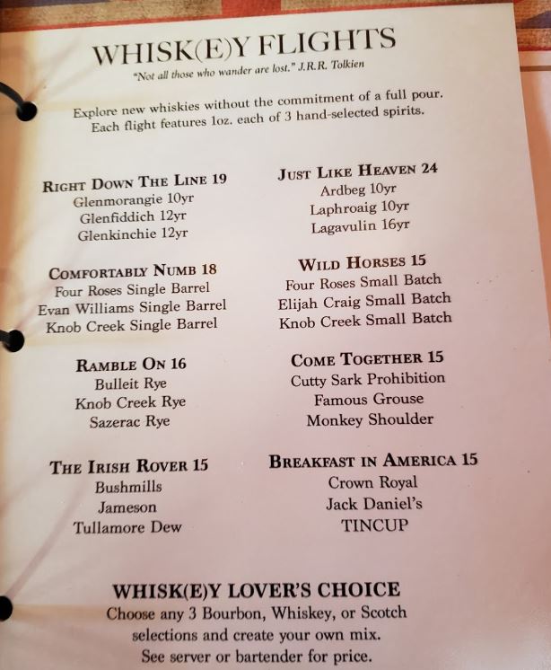 The Pub Naples Whiskey Flights Menu