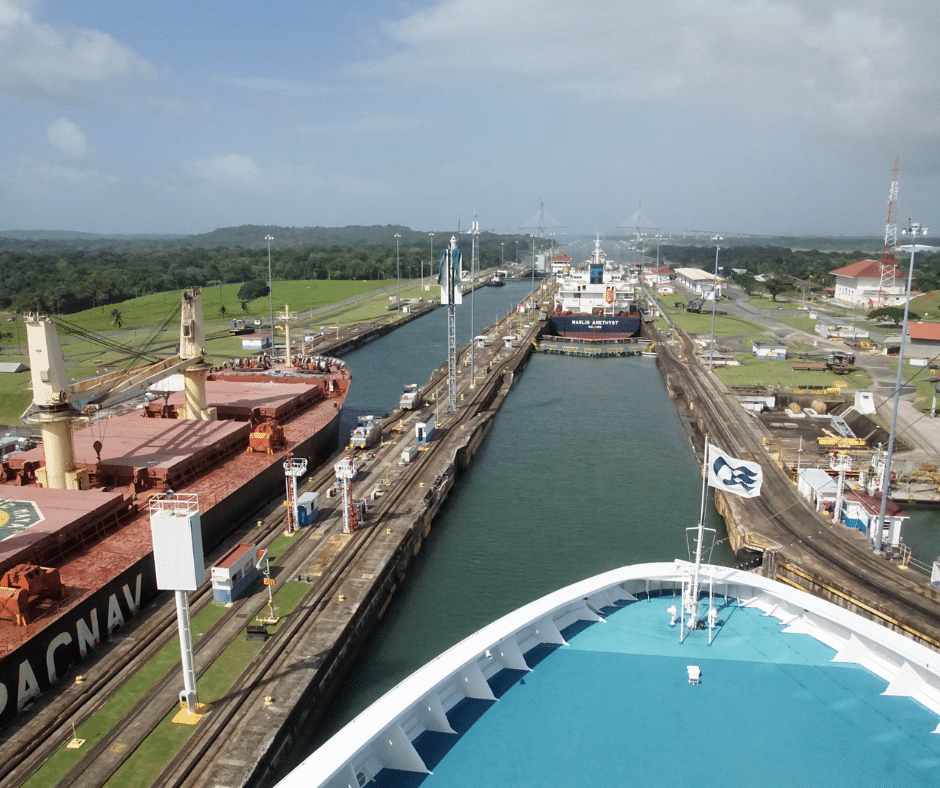 A cruise ship going through the Panama Canal