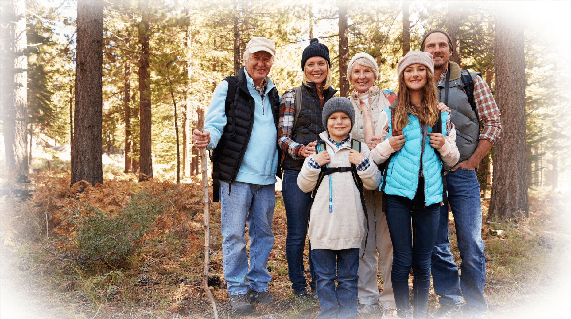 A Family taking a group trip with kids, grandparents and the parents in the wilderness