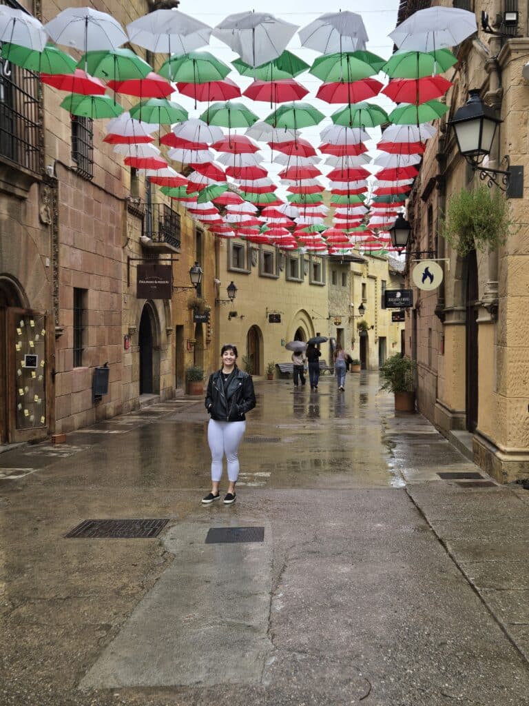 Marcella Kuchar under the popular umbrellas at Poble Espanyol in Barcelona