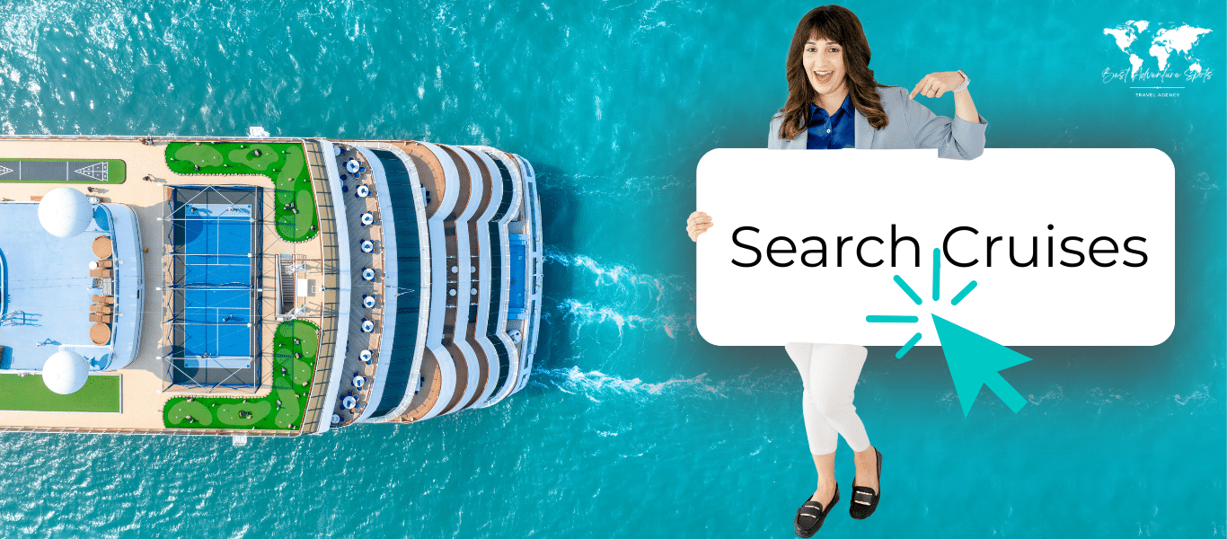 Travel Advisor Search Cruise Travel Advisor holding a sign saying "Search Cruises" with a cruise ship in the background